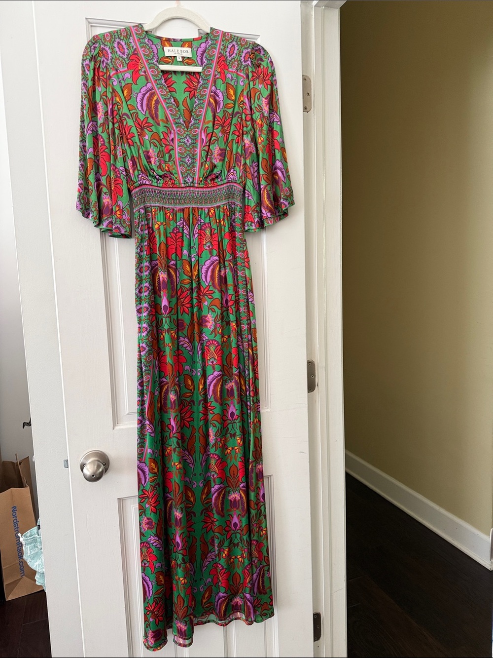 Hale Bob Green Maxi Dress with Pink & Red Floral Print absolutely beautiful